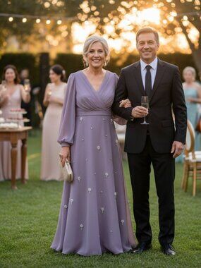 💜 Lilac Chiffon Mother of the Bride Maxi Dress – Size 8/10 – Elegant Pearl Deta